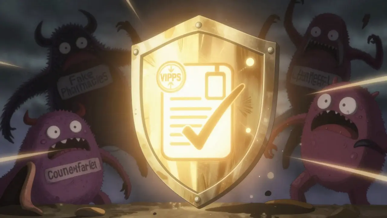 Anime shield of safety protecting heart from fake pharmacy monsters