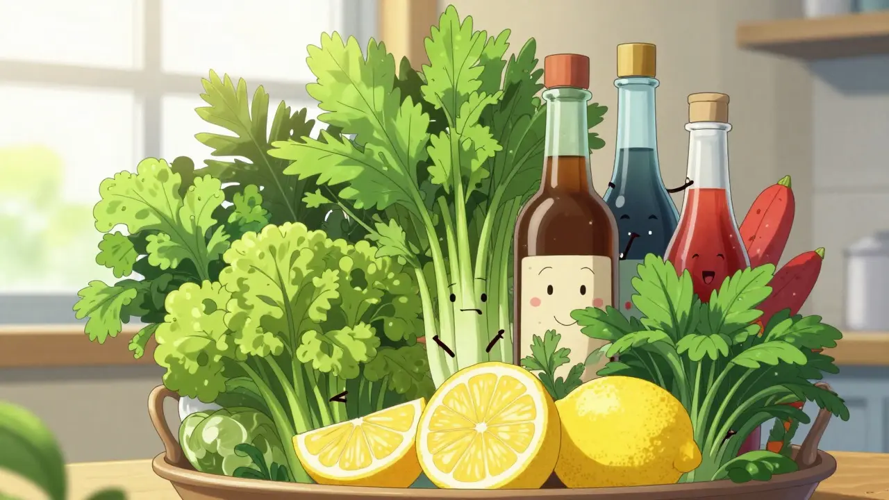 Bright anime scene of fresh herbs, lemons, and spices as safe seasoning alternatives.