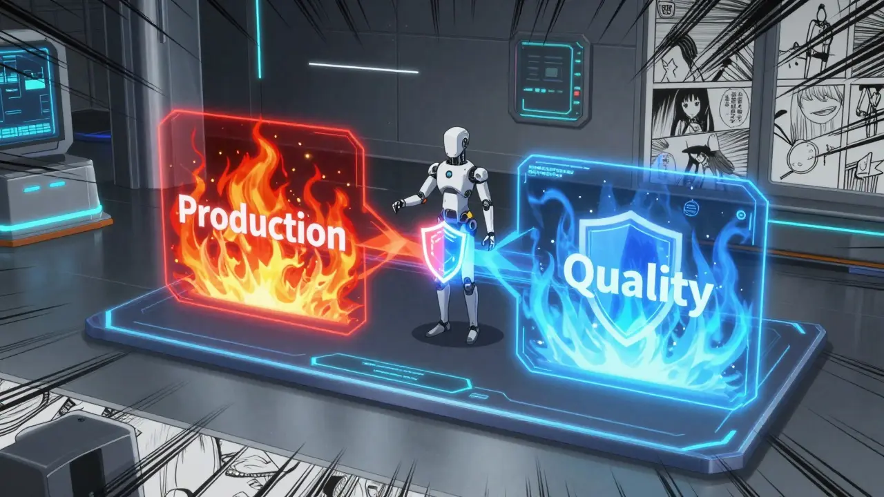Futuristic AI overseeing quality vs production balance