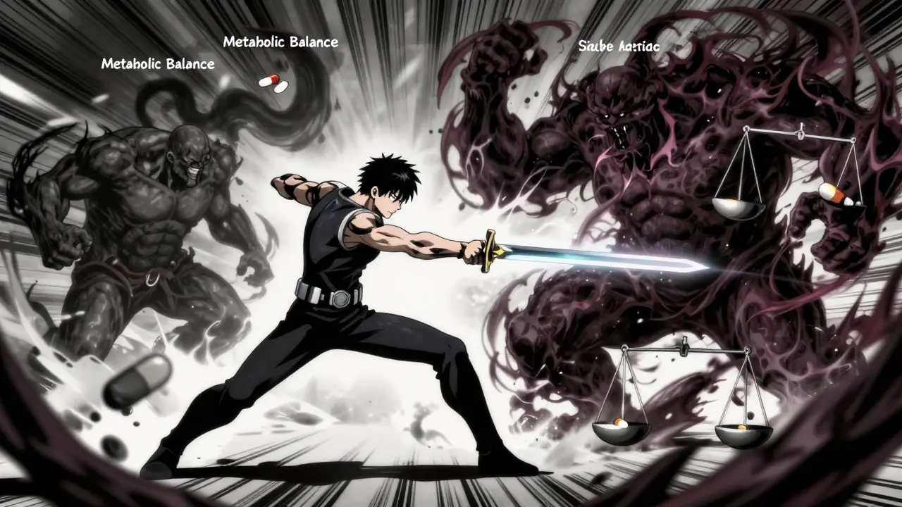 Heroic anime figure battling shadow monsters representing weight gain
