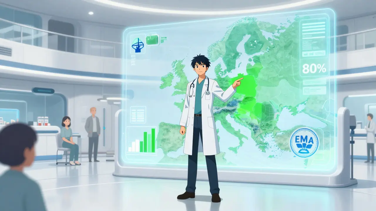 Shounen anime doctor showing high biosimilar adoption rates on a European map.