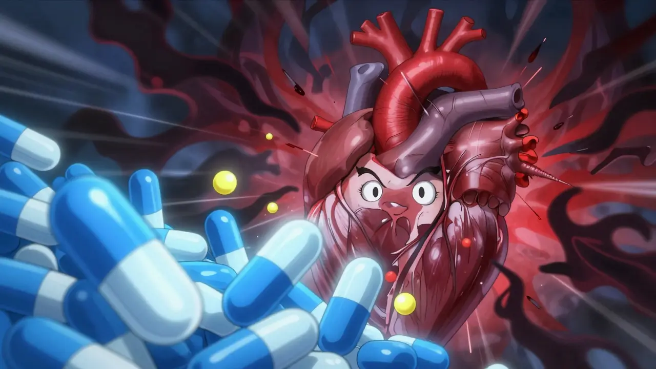 Stylized heart under attack by shadow monsters while pills block potassium exit.