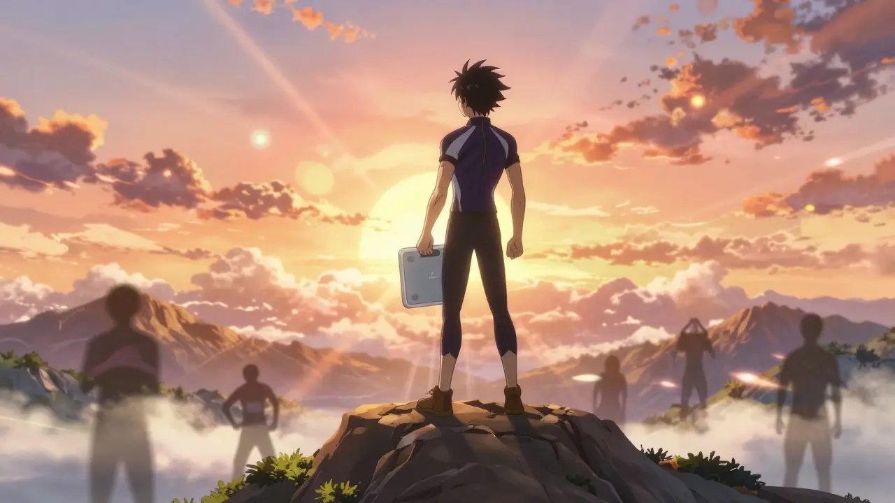 Triumphant anime character standing on mountain peak at sunrise