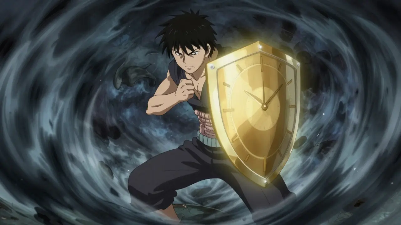 Anime character protected by a golden shield against swirling dark energy.