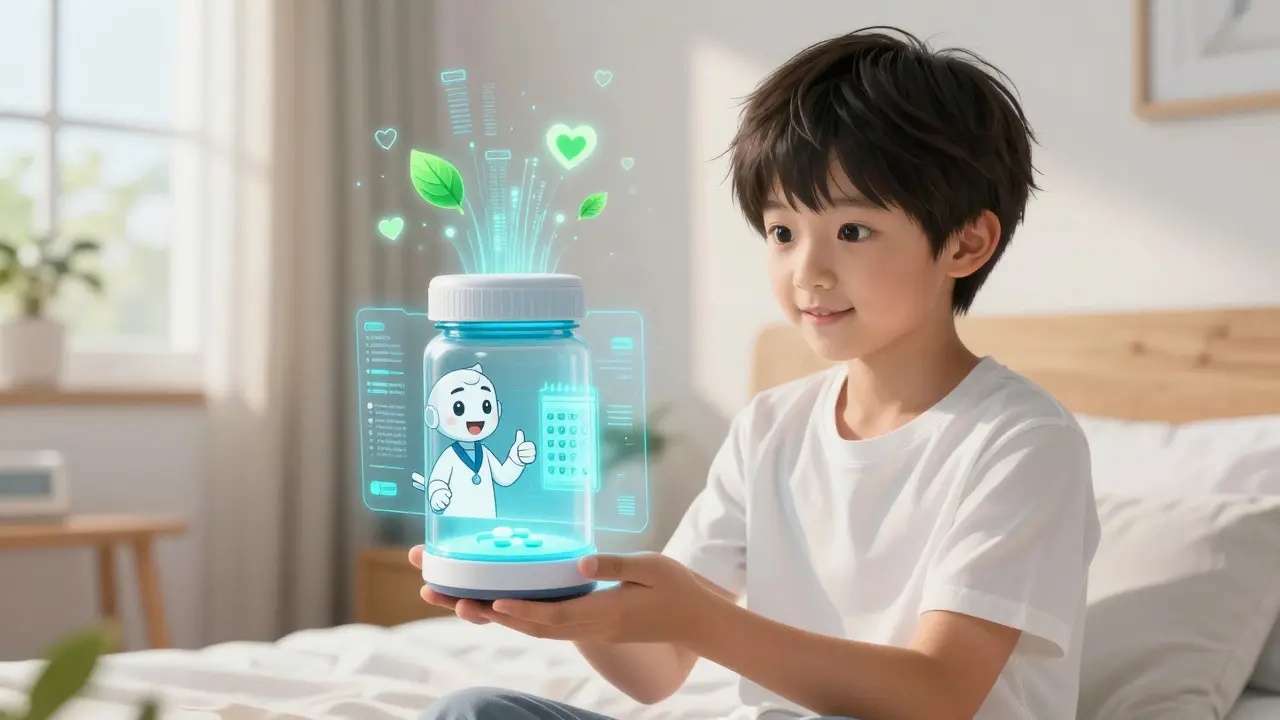 Anime character using a smart pill bottle with a helpful AI hologram assistant.