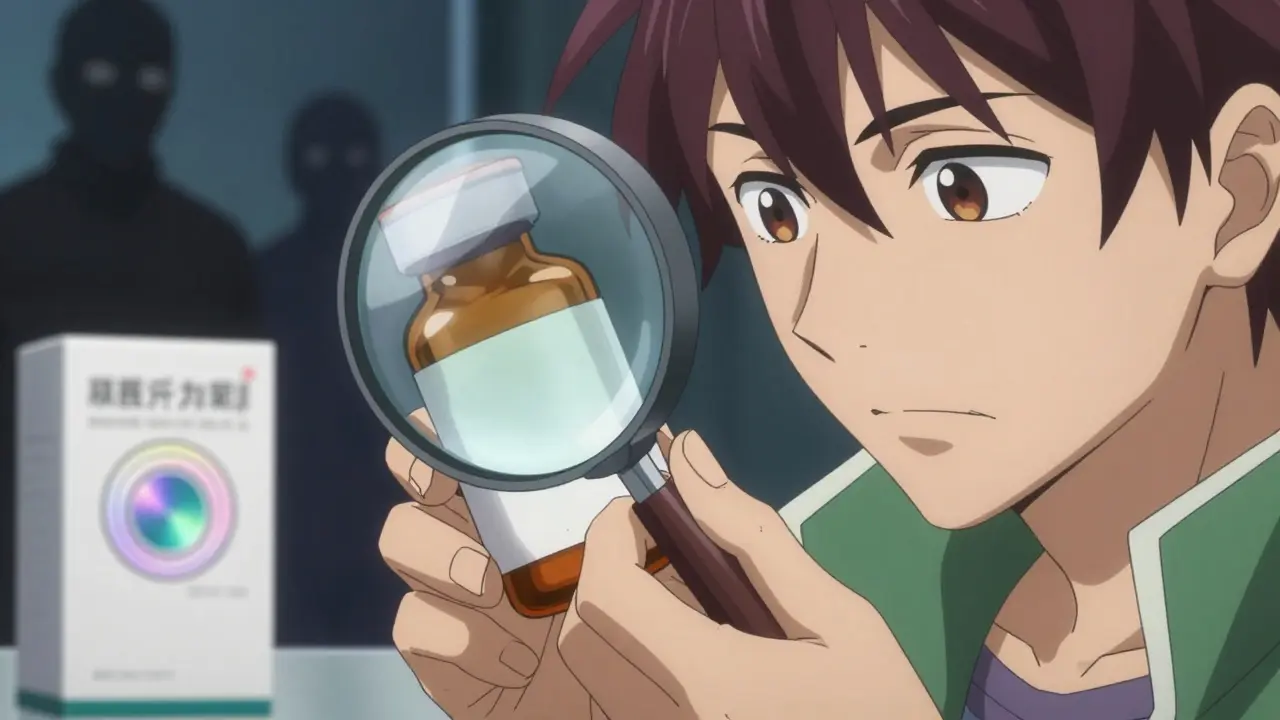 Anime detective inspecting pill bottle for counterfeit signs