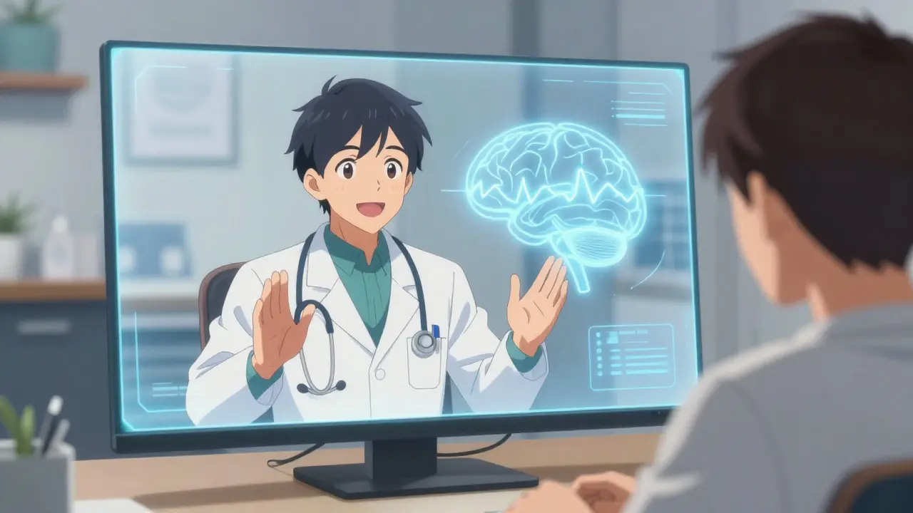 Anime doctor consulting via hologram about brain health safely
