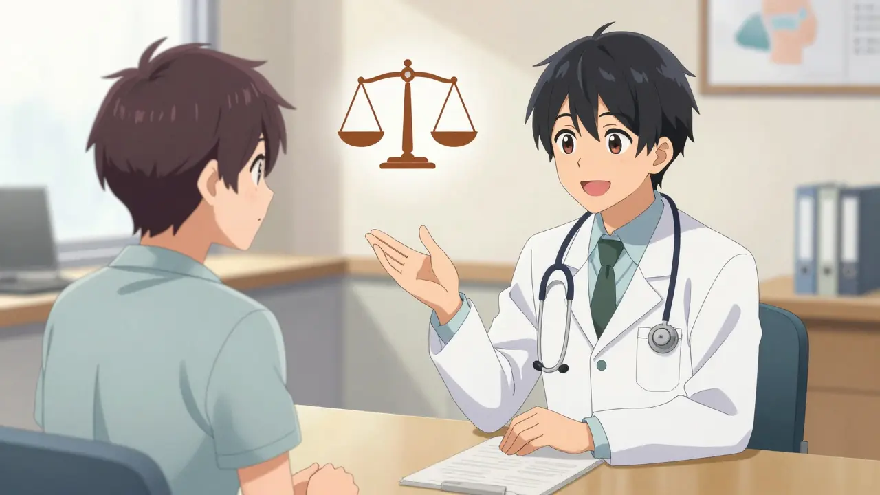 Anime doctor discussing PE treatment alternatives with patient