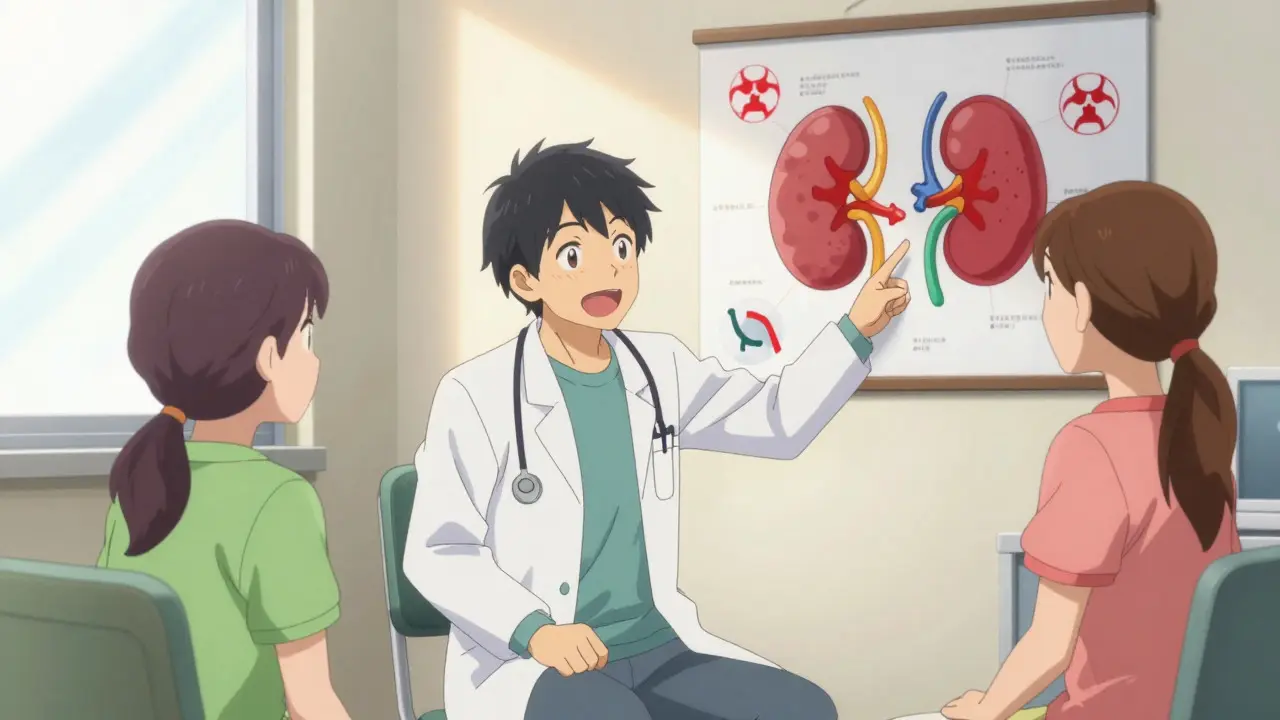Anime doctor explaining kidney protection chart to a patient