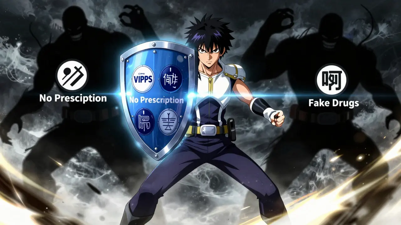 Anime hero shielding against fake drug scams with certs