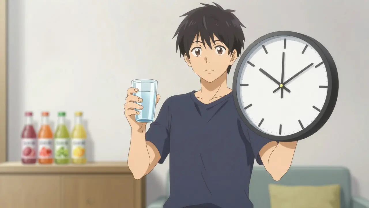 Anime hero taking medicine with water, waiting for safe time