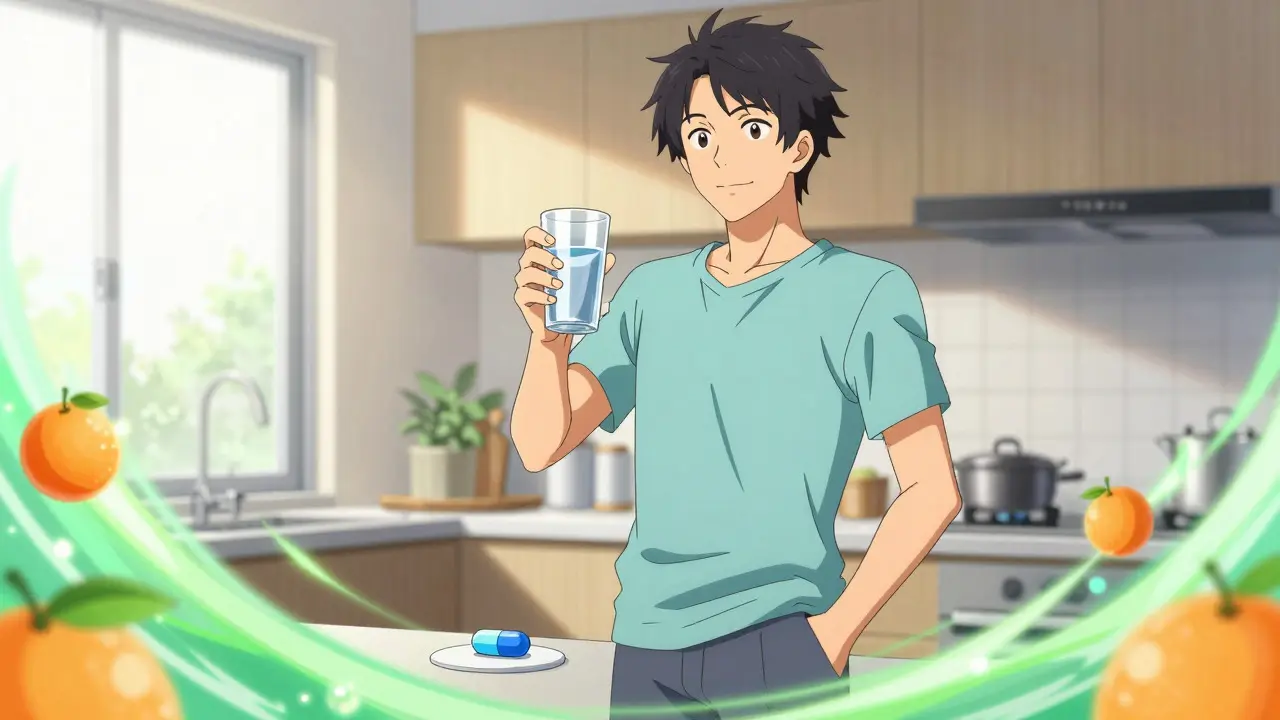 Anime man holding water and a pill in a sunny kitchen