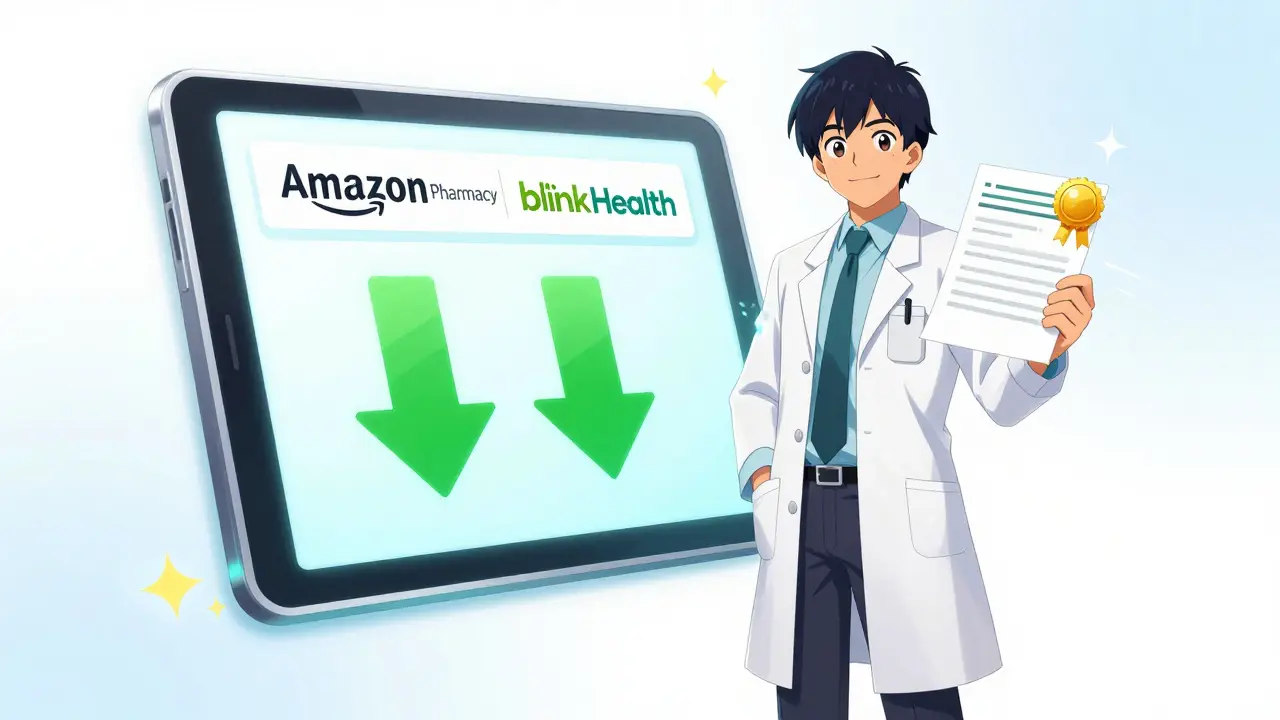 Anime pharmacist showing discounted online pharmacy options