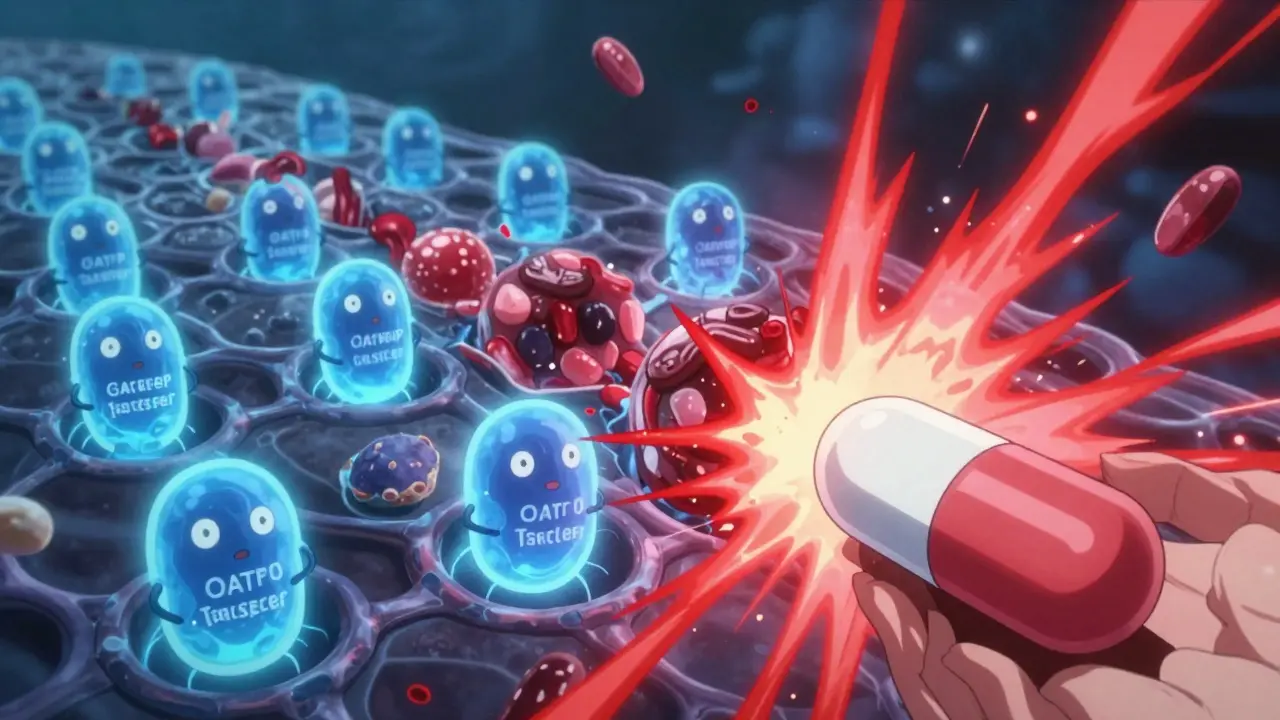 Anime style visualization of drug absorption blocked by juice compounds