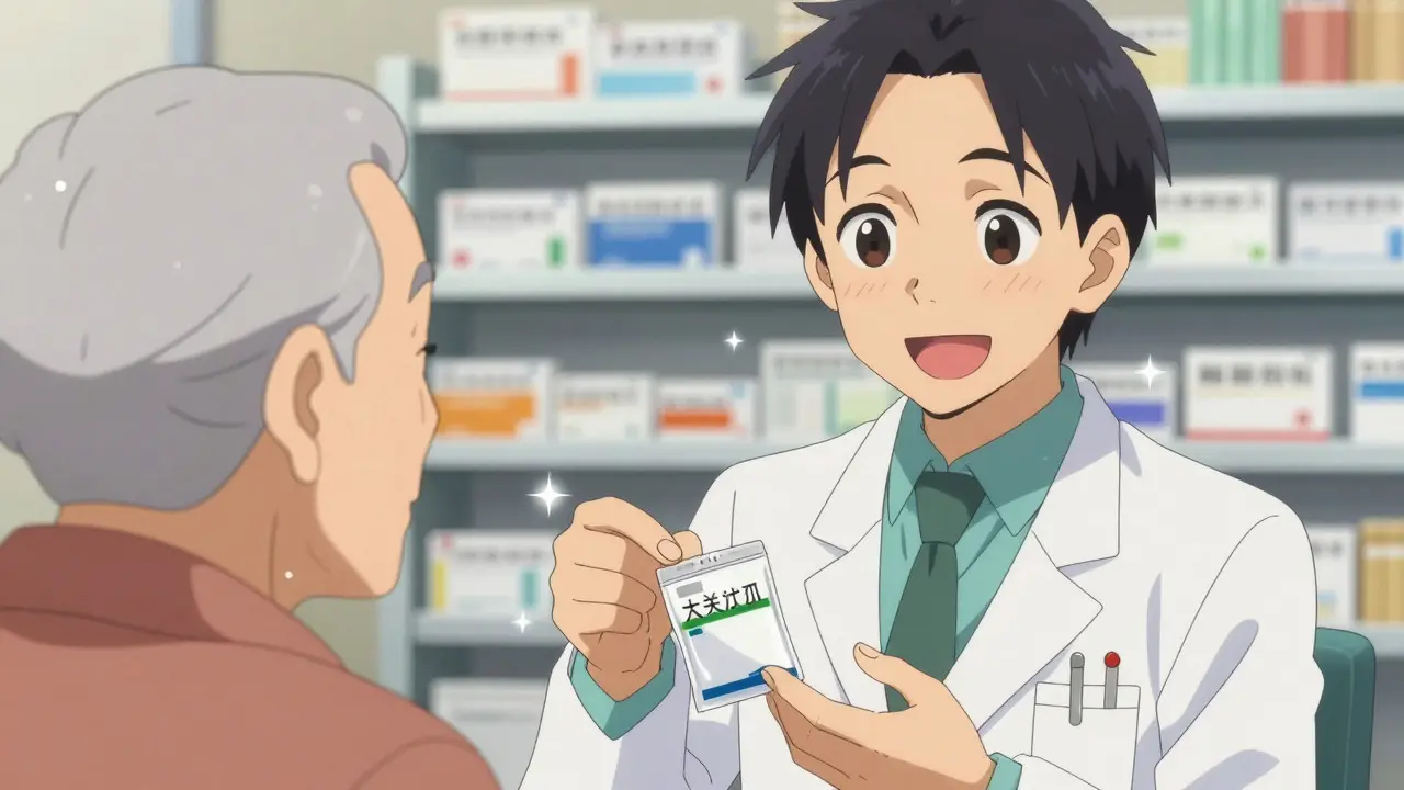 Friendly anime pharmacist explaining medication changes to a relieved patient
