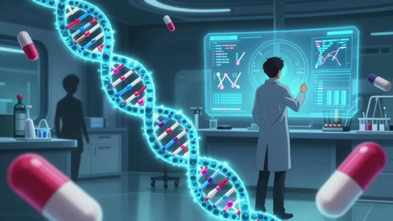 Futuristic DNA and medicine visualization in shounen anime style