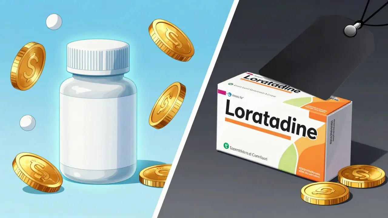 Generic medicine bottle glowing with savings vs expensive brand box