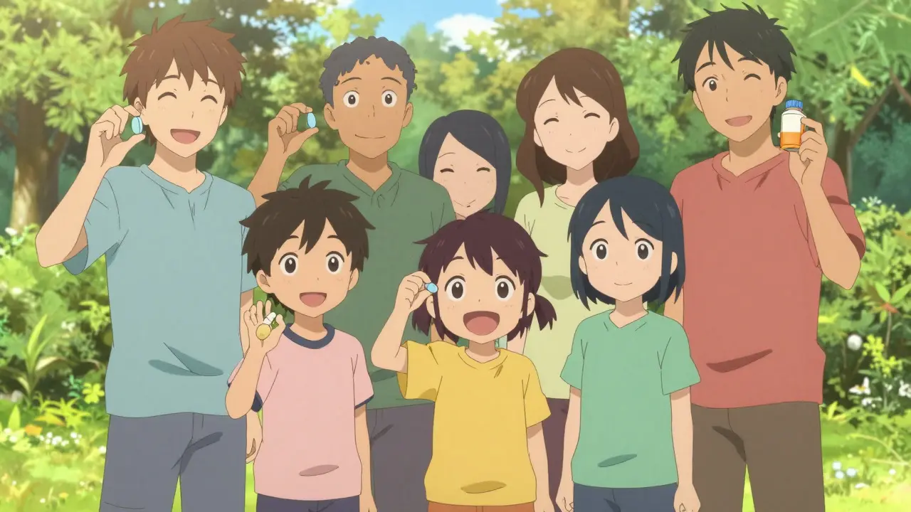 Happy anime characters taking various pill forms in park