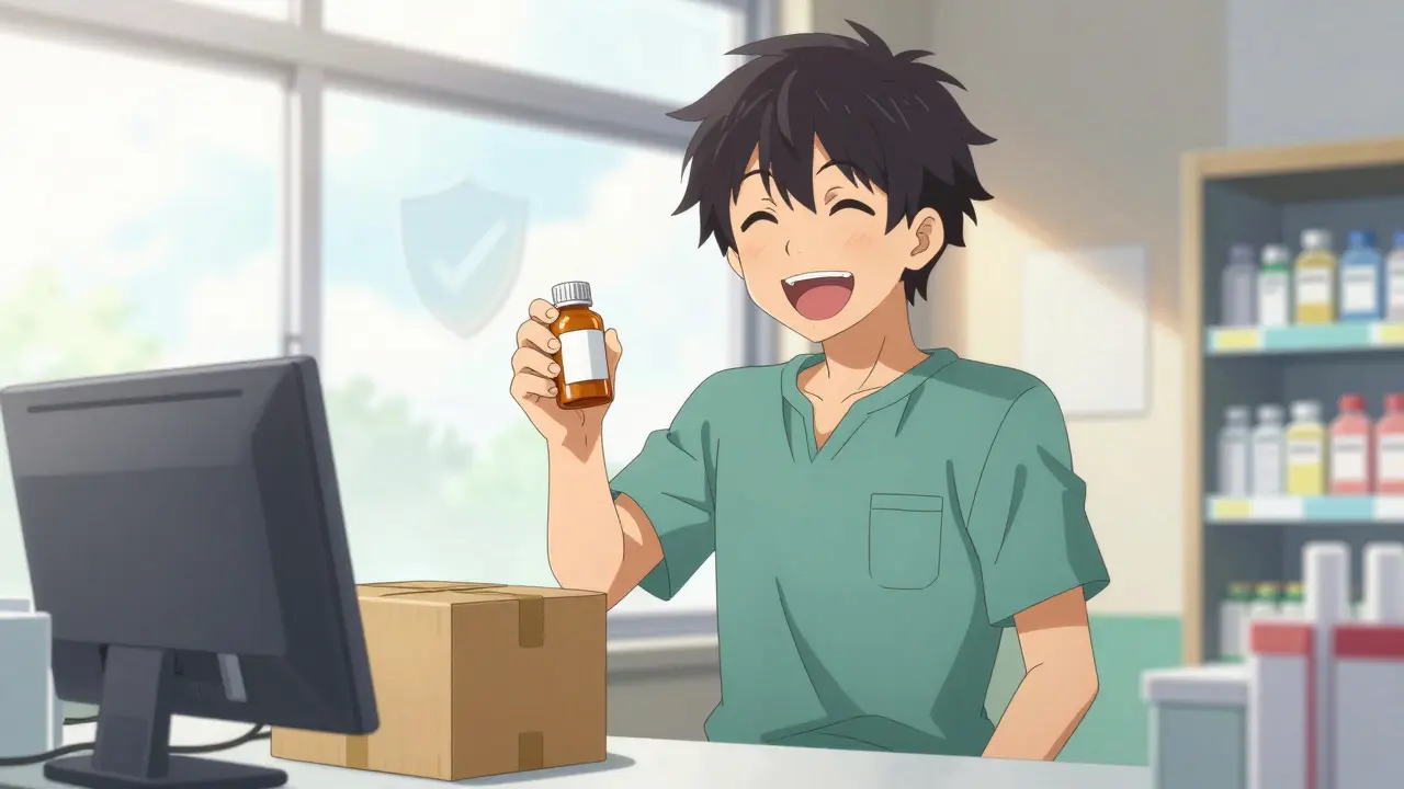 Happy character receiving generic medication with relief and joy