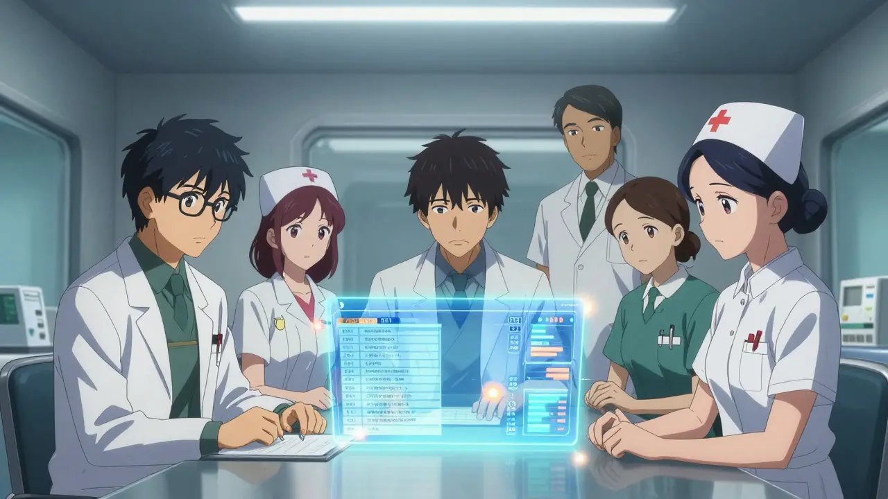 Healthcare team reviewing holographic formulary data in a hospital meeting