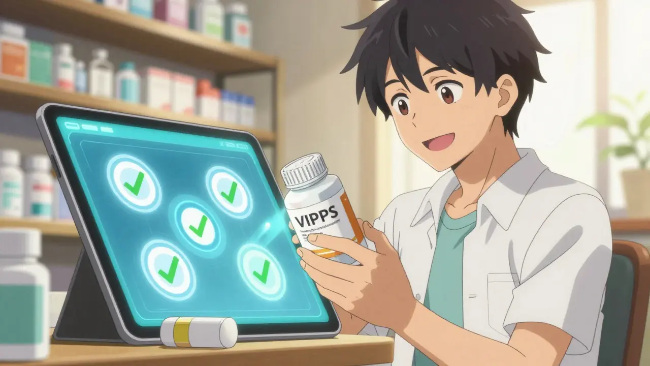 Person safely buying generic allergy meds online with verified seals