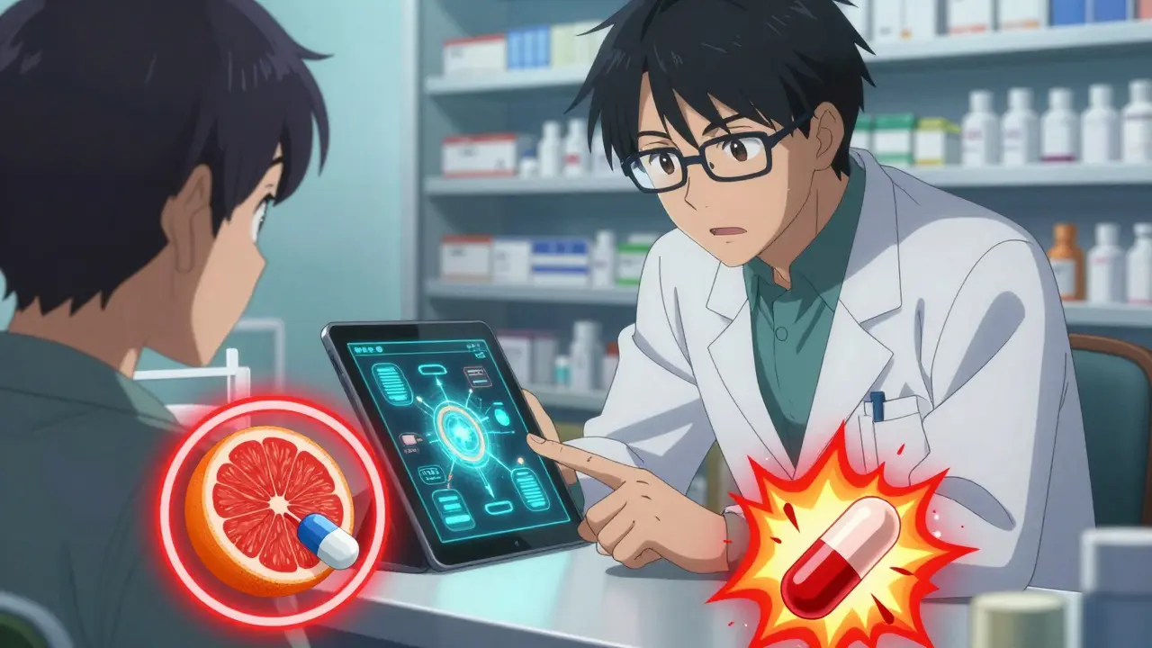 Pharmacist explaining drug interactions to patient in anime style