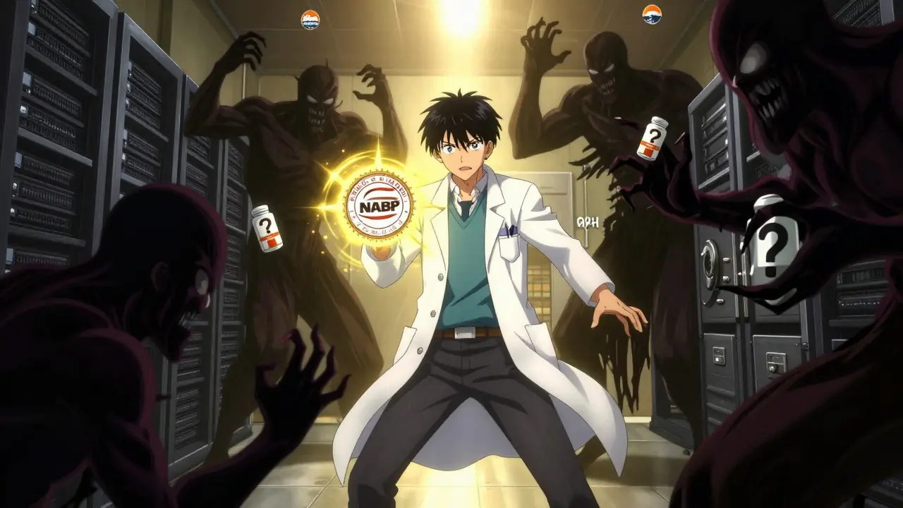 Pharmacist repelling scam monsters with a glowing verification seal