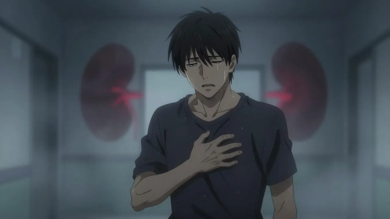 Serious anime protagonist in a dim room, showing signs of fatigue and caution.