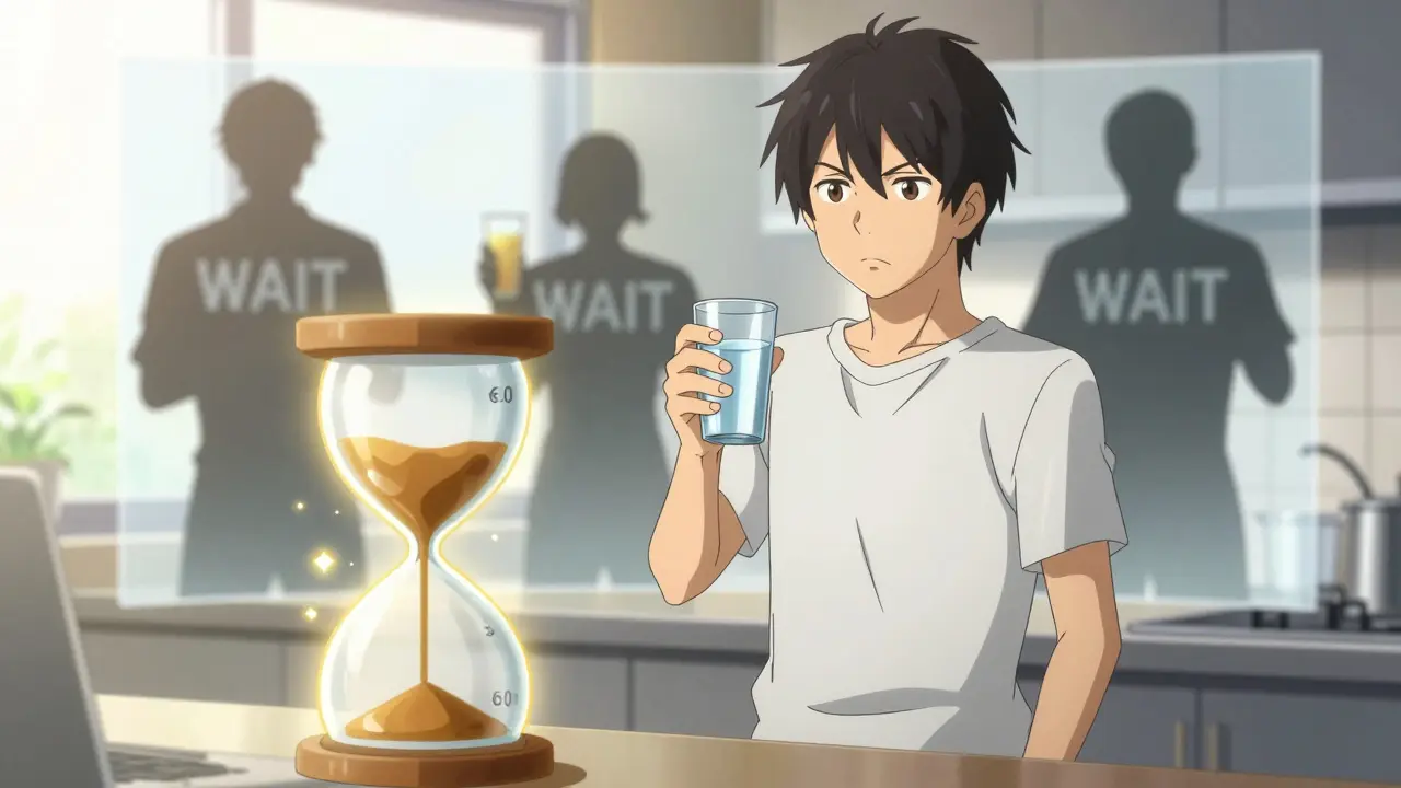 Shounen anime character waiting 30 minutes after taking medicine with water