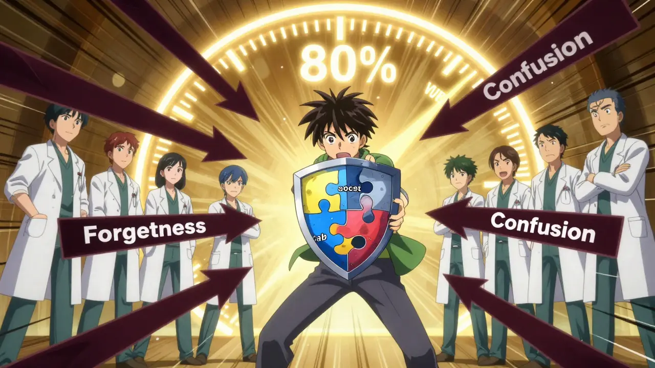 Shounen anime hero shielding against medication barriers near an 80% gauge.