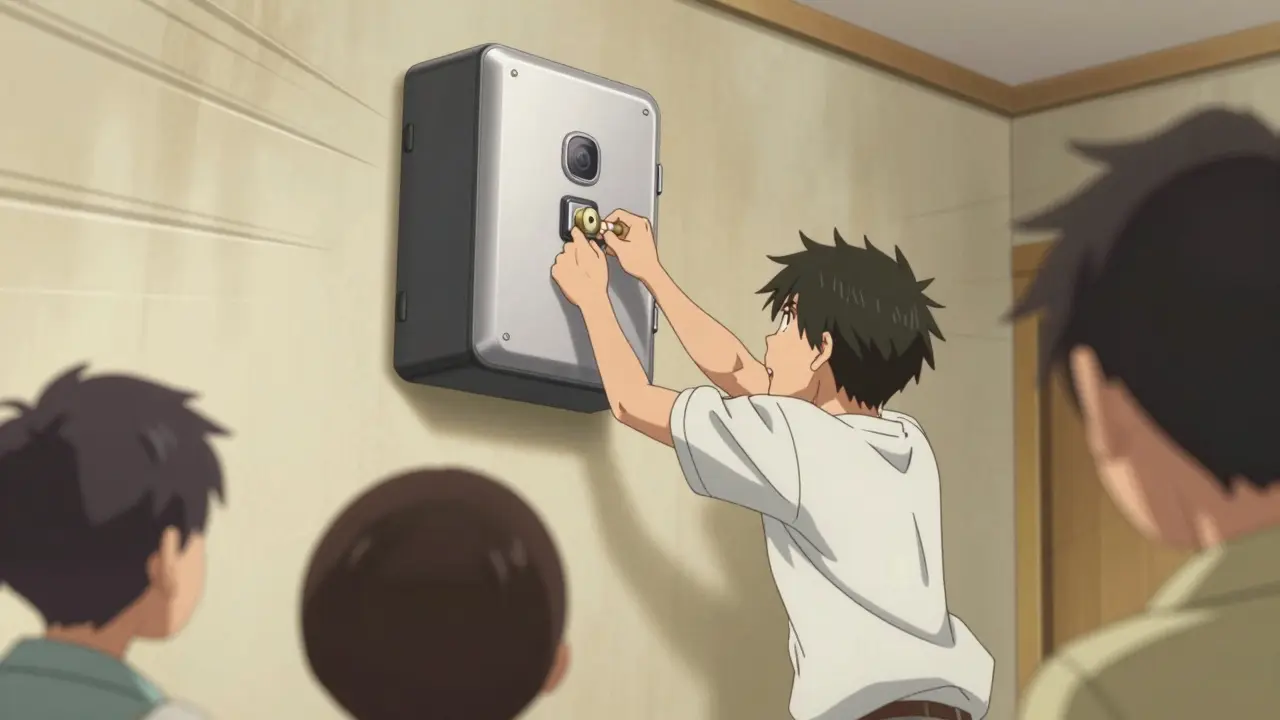 Shounen hero locking medicine box high on wall for safety