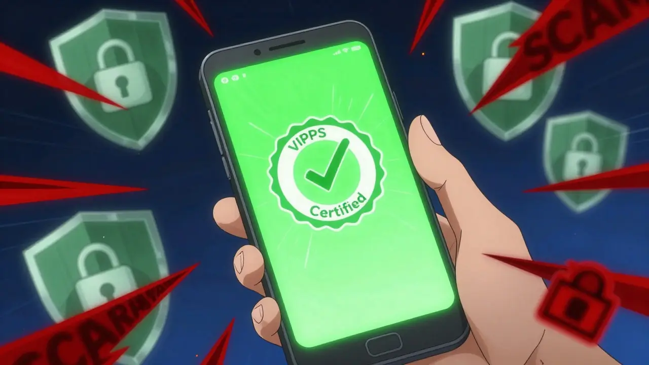 Smartphone showing VIPPS certification shield against scams