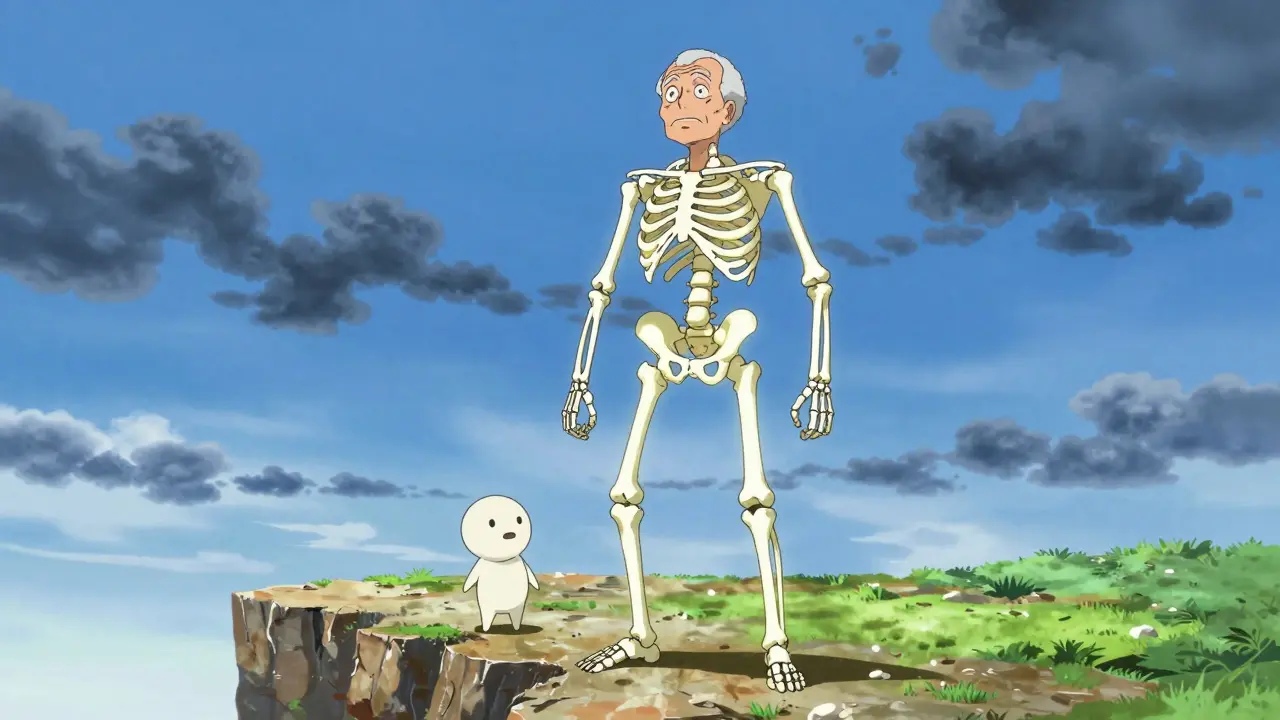 Strong elderly person with glowing bones defeating osteoporosis in anime style