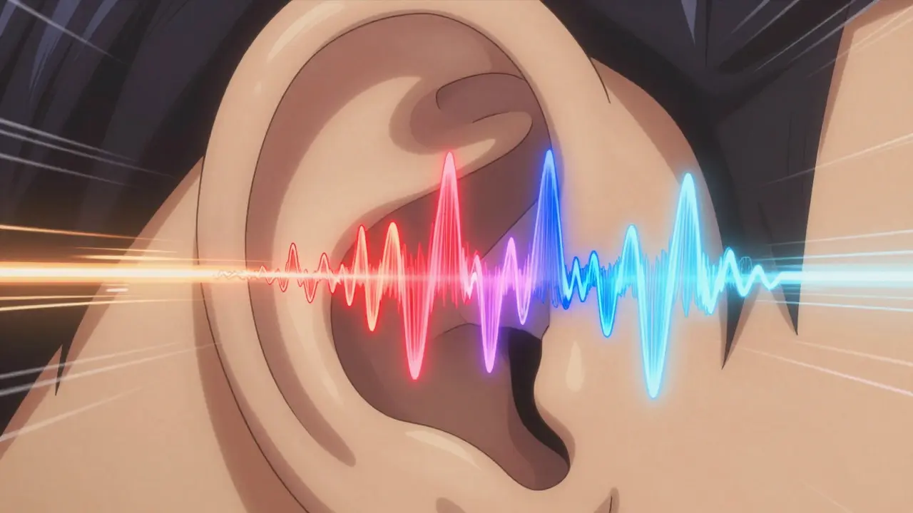 Abstract anime visualization of sound waves aligning perfectly in an ear canal