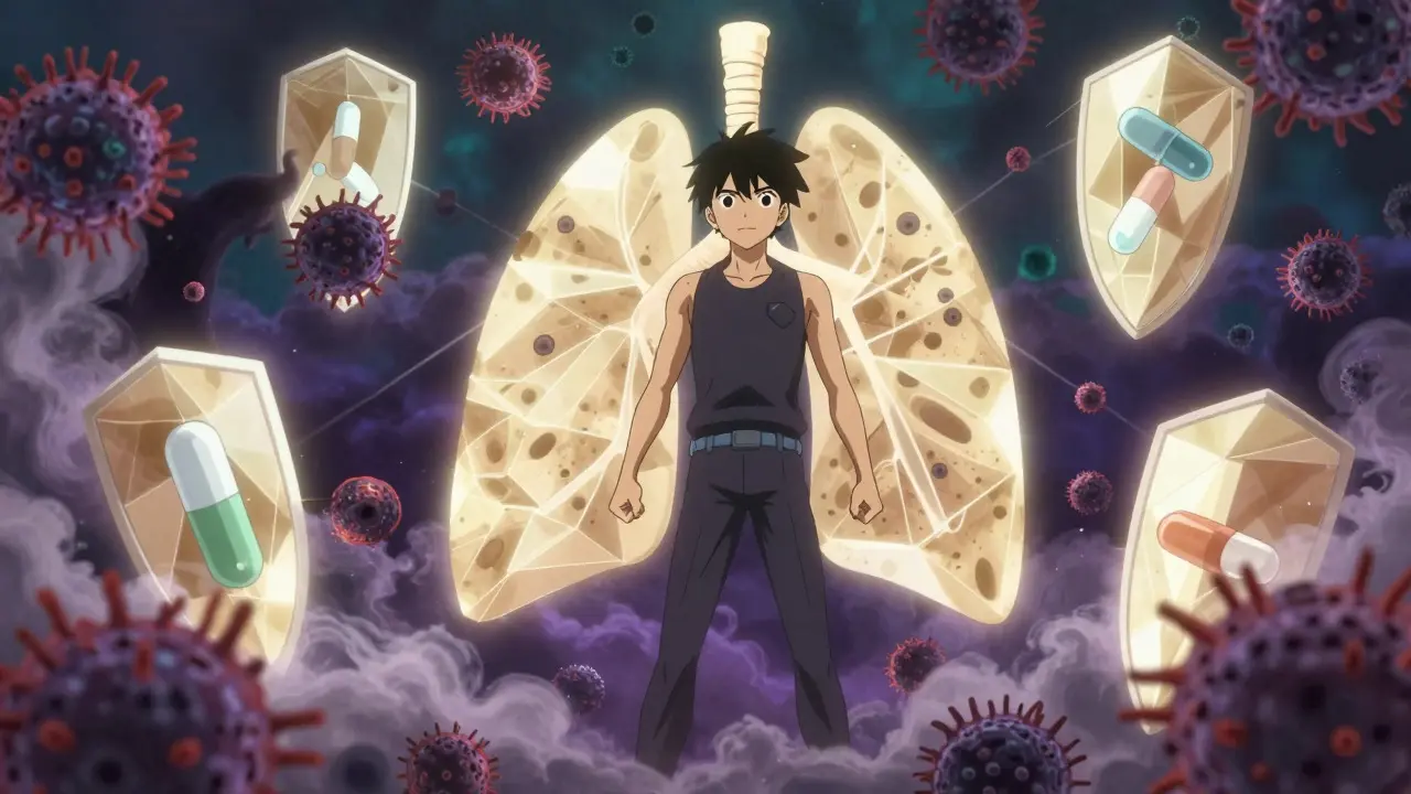 Abstract illustration of medical treatments protecting lungs from bacterial infection