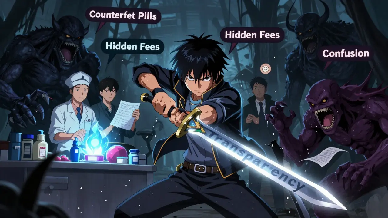 Action scene: Anime protagonist fighting monsters of hidden fees and confusion with a sword of transparency, supported by pharmacy allies.