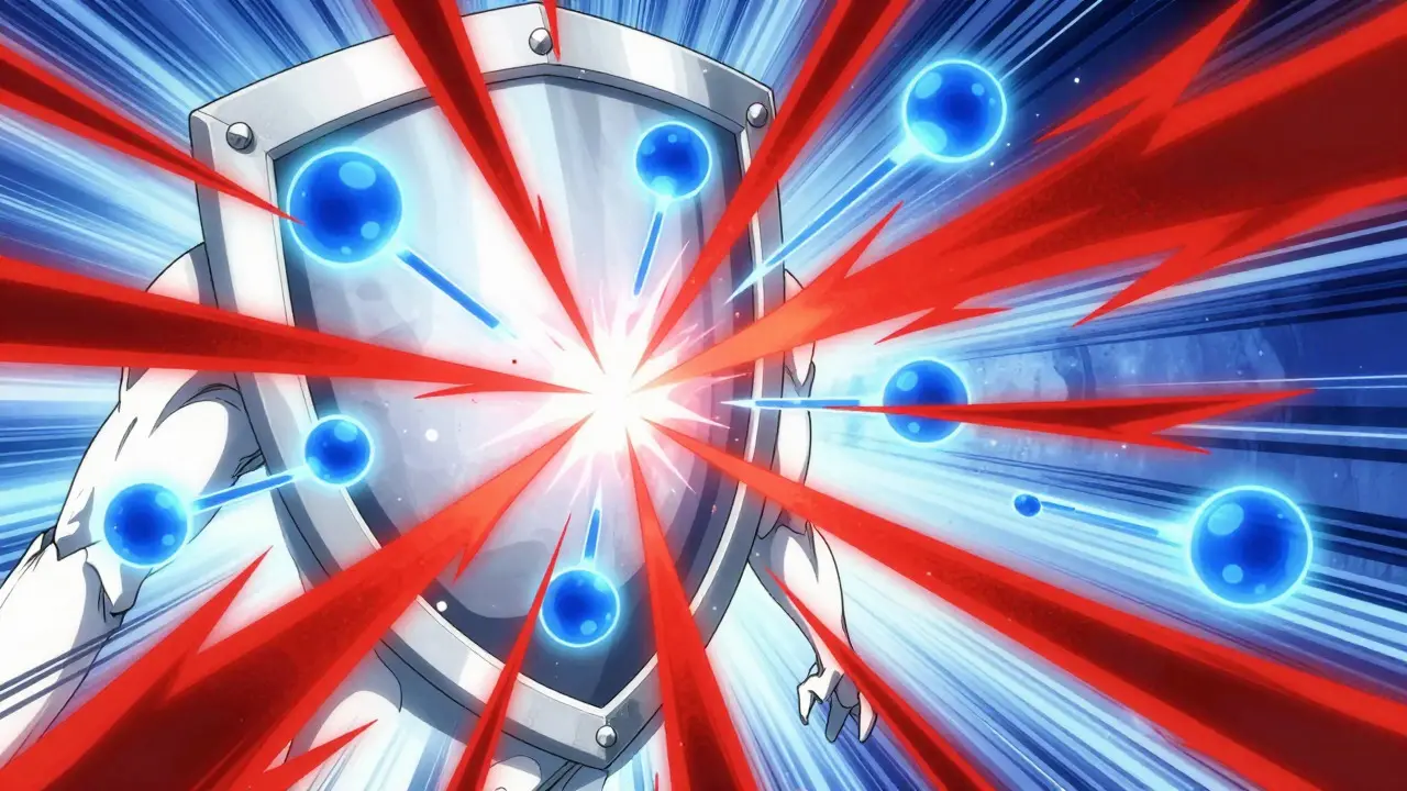 Anime battle scene of shields blocking histamine attacks