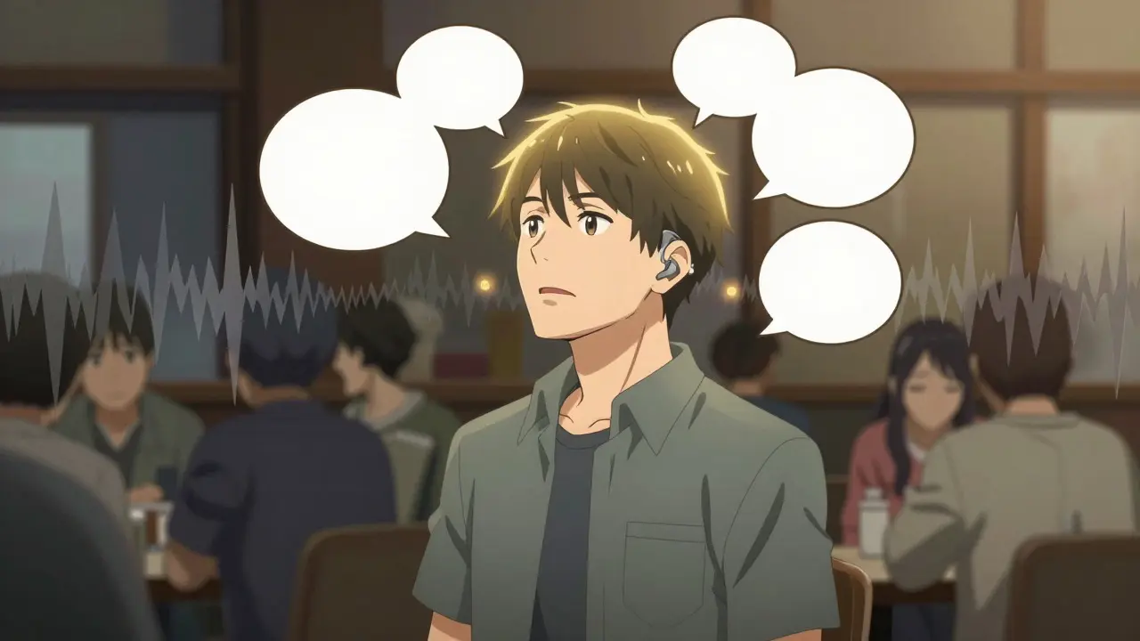 Anime character enjoying clear hearing in a noisy restaurant with a protective aura