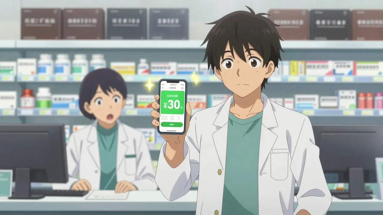 Anime character using discount app at pharmacy counter