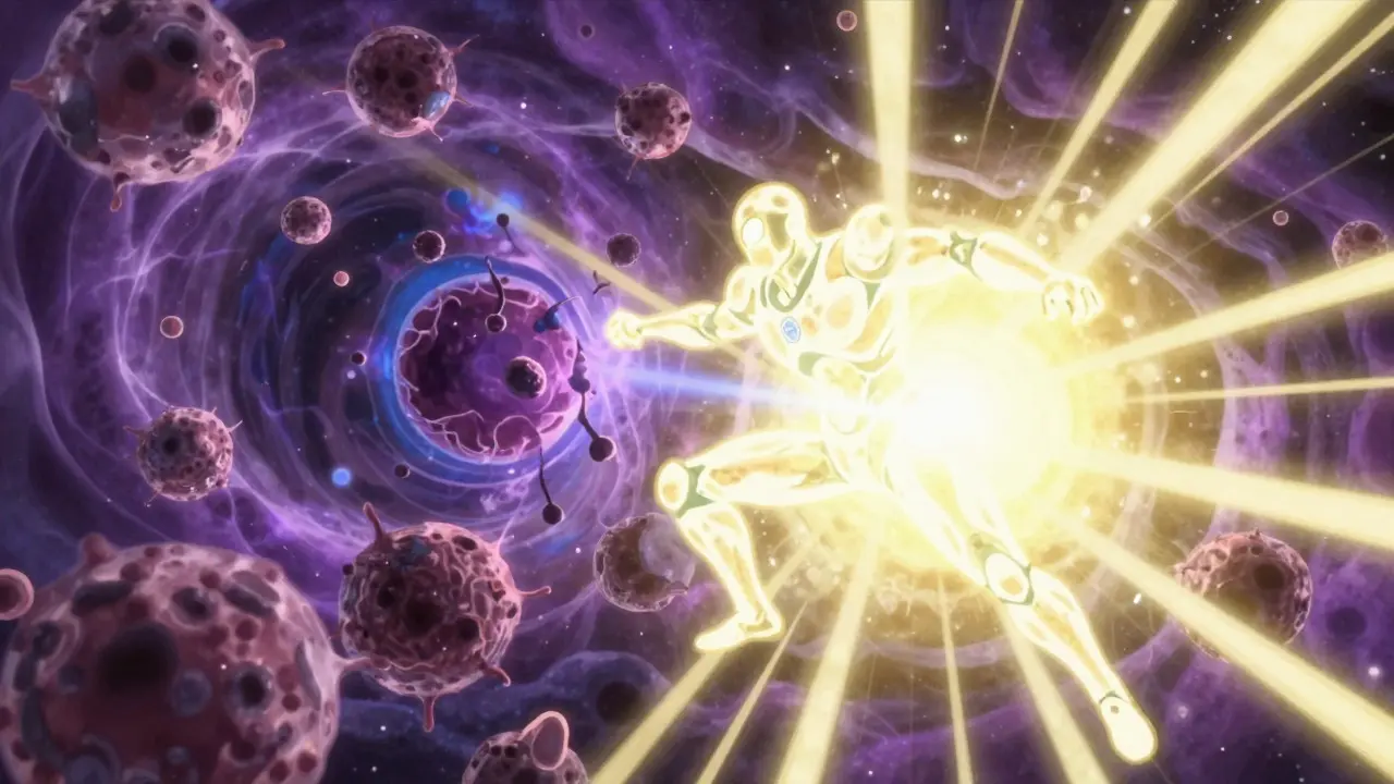 Anime depiction of a biologic drug targeting cells in a cosmic, abstract setting