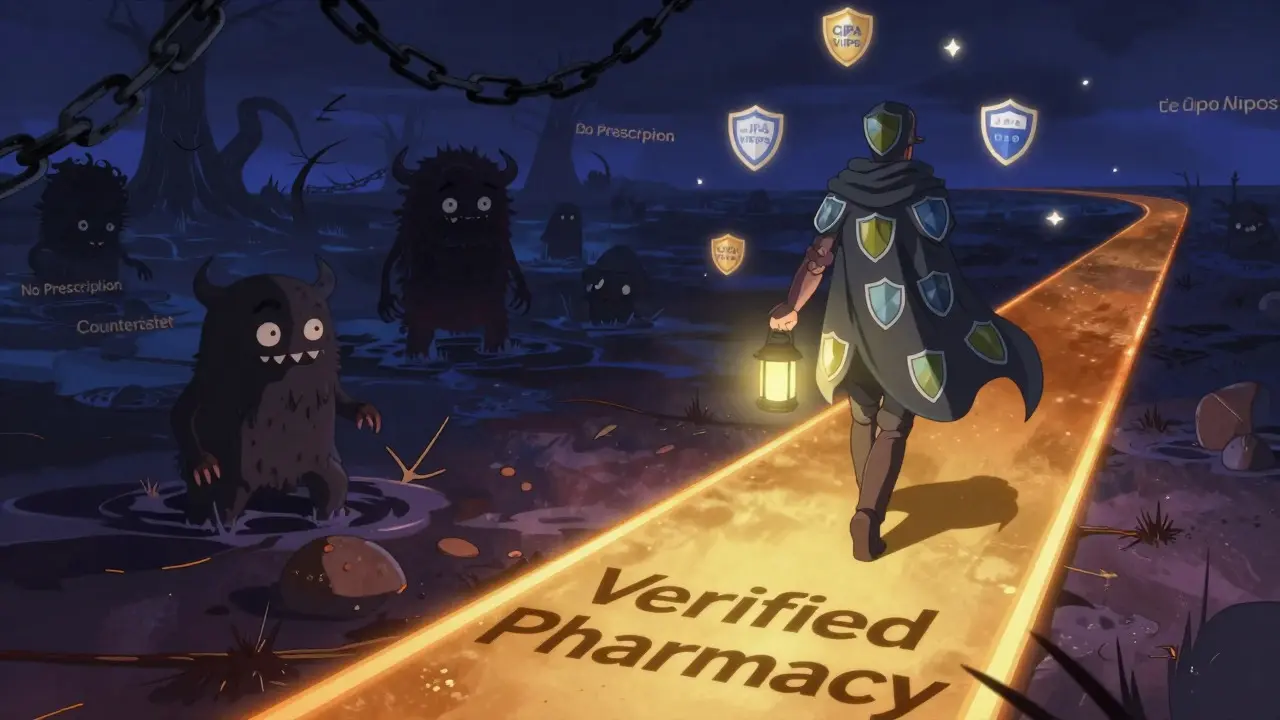 Anime hero navigating safe path away from fake pharmacy traps