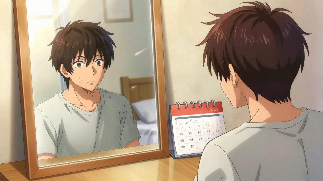 Anime man admiring thickened hair in a mirror after months of treatment