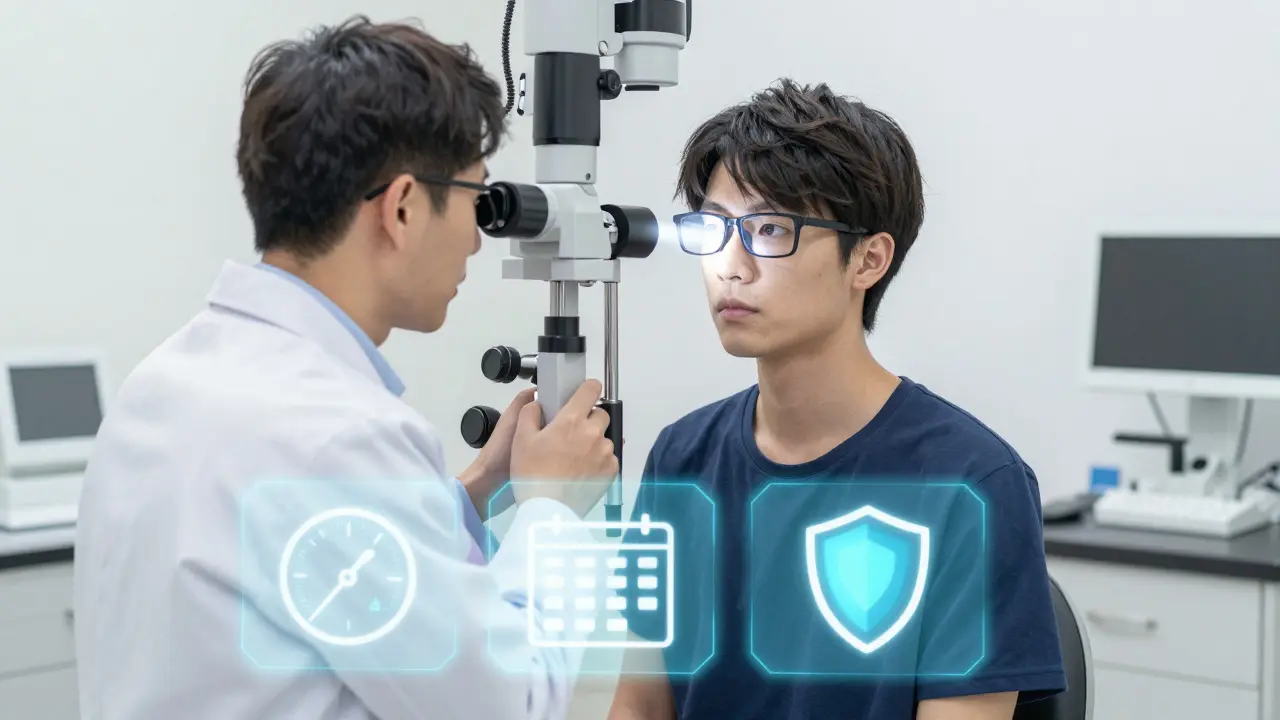 Anime patient undergoing a slit-lamp eye exam in a bright clinic with monitoring symbols.