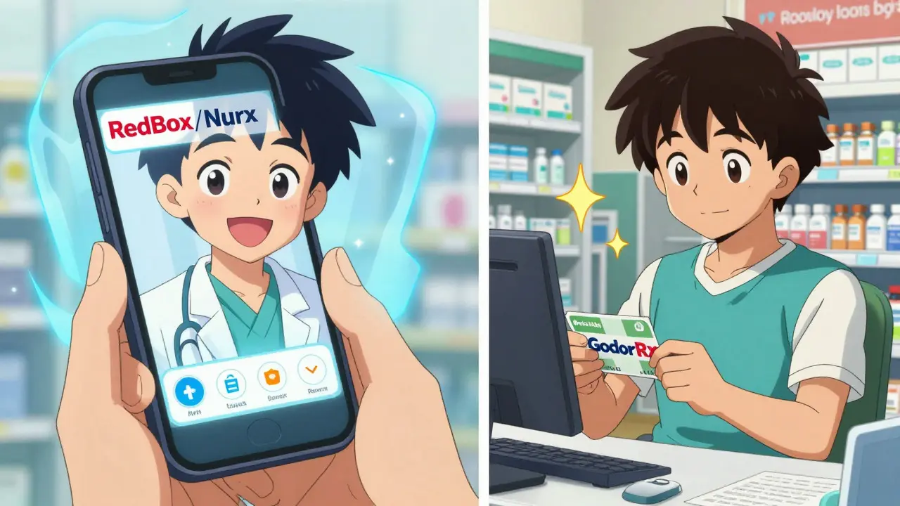Anime style comparison: Telehealth consultation vs Local pharmacy pickup with GoodRx, bright and expressive characters.