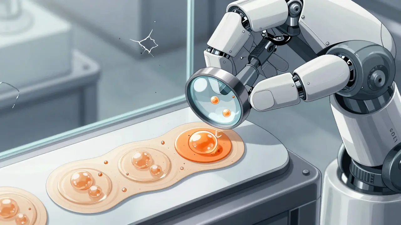 Close-up of robotic arm creating a stable transdermal patch with liposomes