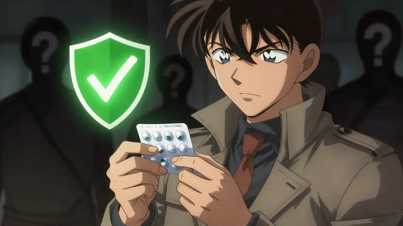 Detective-style anime character inspecting a pill pack for authenticity