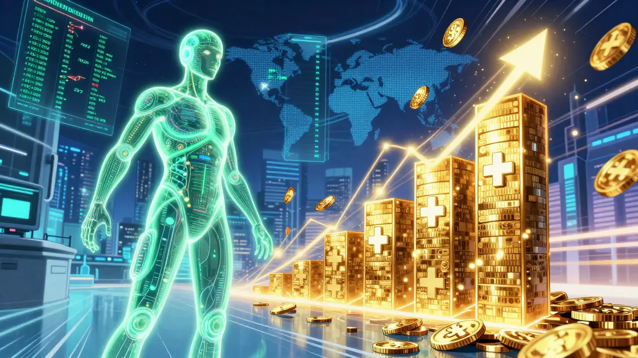 Digital body model and rising financial graph representing market growth