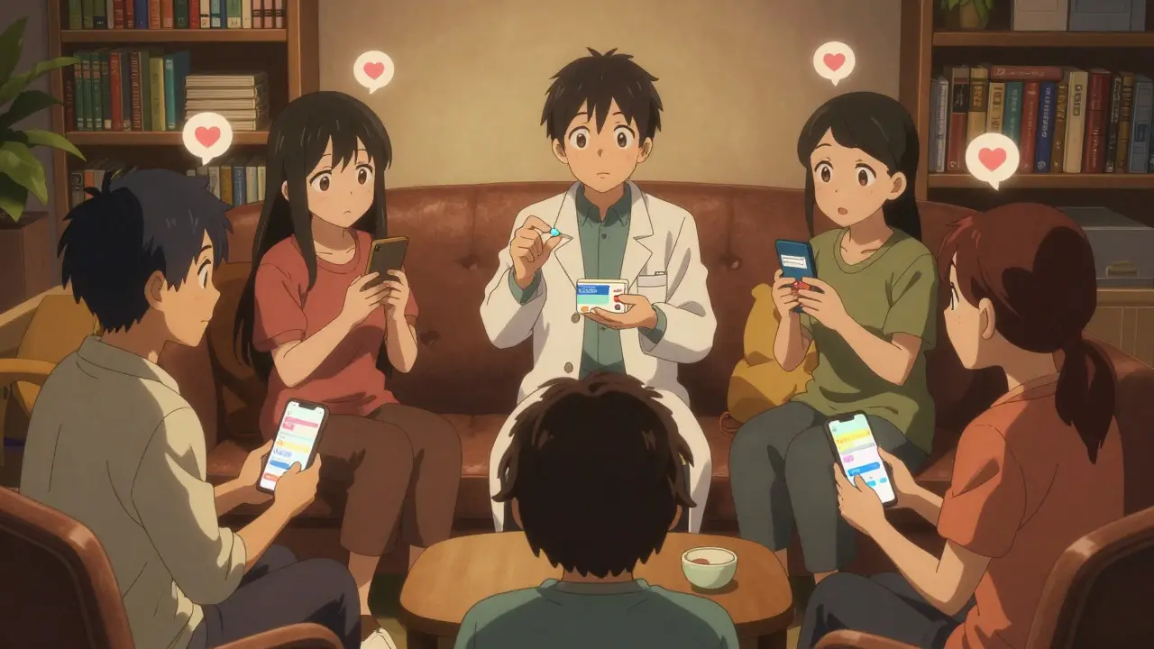 Group of patients listening to a pharmacist explain generic medicines