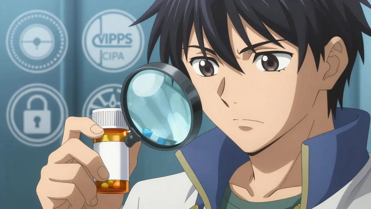 Hero inspecting pill bottle for safety seals and authenticity