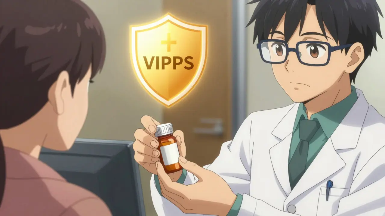 Pharmacist handing meds with a glowing safety shield